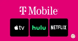T-Mobile logo above Apple TV, Hulu, and Netflix icons, representing free streaming perks bundled into select T-Mobile plans.