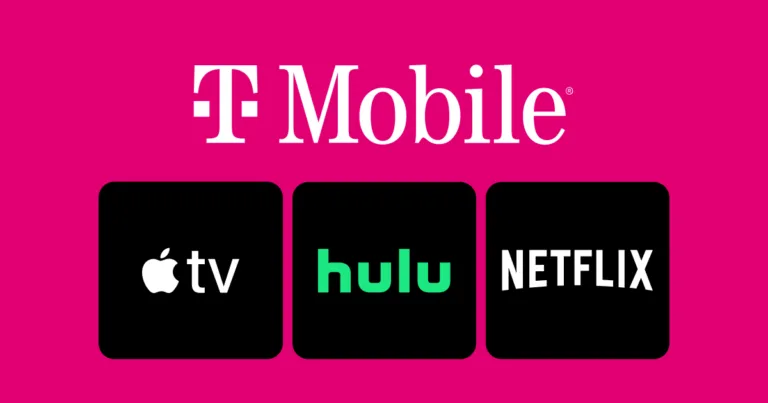 T-Mobile logo above Apple TV, Hulu, and Netflix icons, representing free streaming perks bundled into select T-Mobile plans.