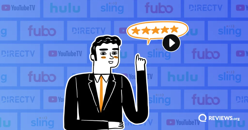 Illustrated reviewer giving a five-star rating for the best live TV streaming alternatives to cable in 2026.