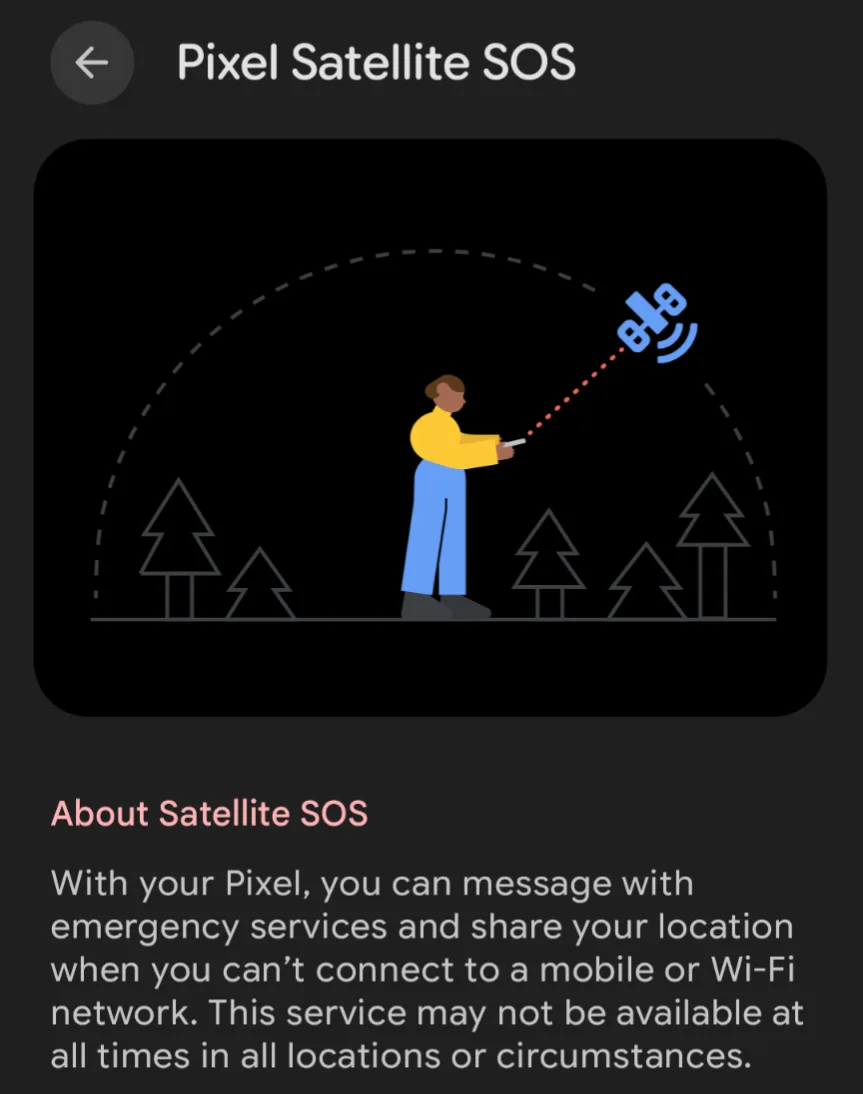 Screenshot of the Google Pixel Satellite SOS interface showing instructions for connecting a phone to a satellite to contact emergency services when there is no cellular or Wi-Fi connection.