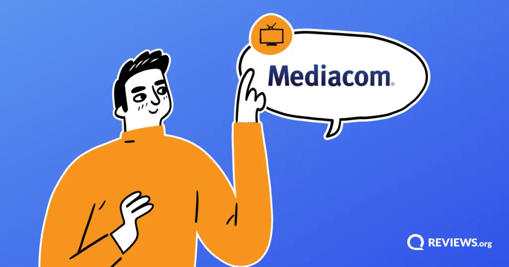 Illustrated character pointing to a speech bubble with the Mediacom logo and TV icon, representing a Reviews.org review of Mediacom TV service.