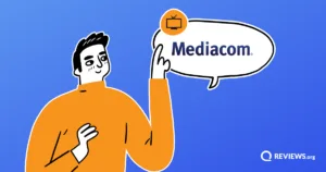 Illustrated character pointing to a speech bubble with the Mediacom logo and TV icon, representing a Reviews.org review of Mediacom TV service.