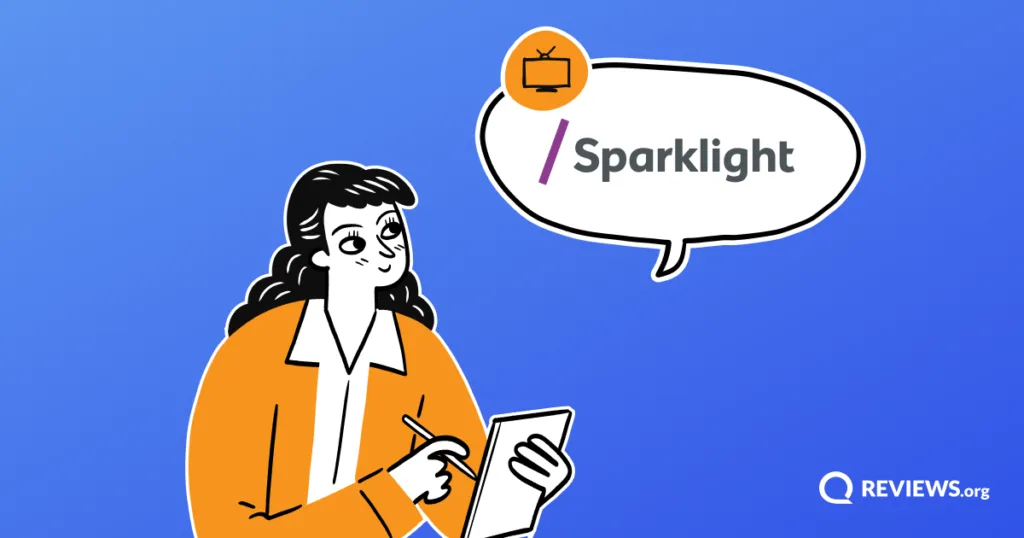 Illustrated character taking notes with a speech bubble showing the Sparklight logo and TV icon, representing a Reviews.org review of Sparklight TV service.