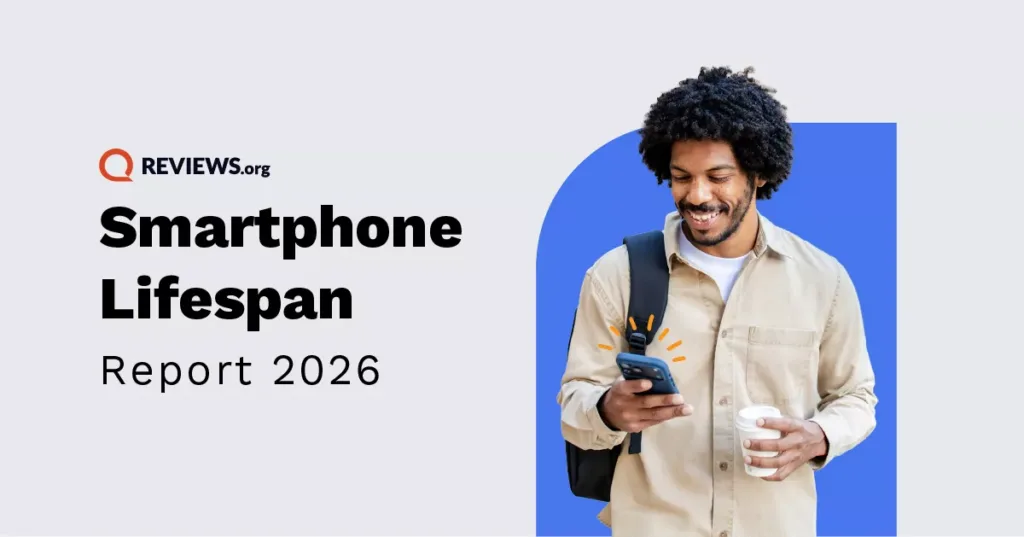 graphic design for article showing the title "Reviews.org Smartphone Lifespan Report 2026" and a man holding a phone and coffee cup.
