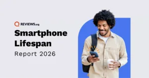 graphic design for article showing the title "Reviews.org Smartphone Lifespan Report 2026" and a man holding a phone and coffee cup.