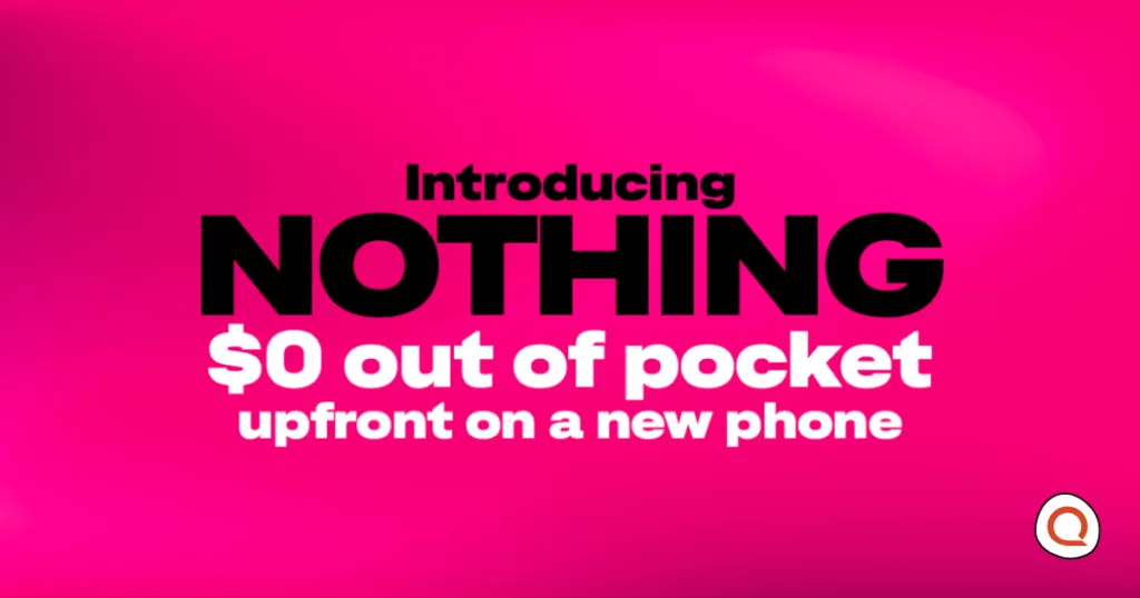 Bold pink graphic promoting T-Mobile's "Introducing Nothing" offer, advertising zero dollars out of pocket upfront on a new phone.