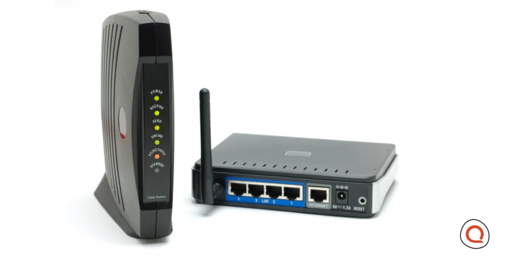 A standalone cable modem next to a separate Wi-Fi router, illustrating the difference between the two devices ISPs often rent out separately.