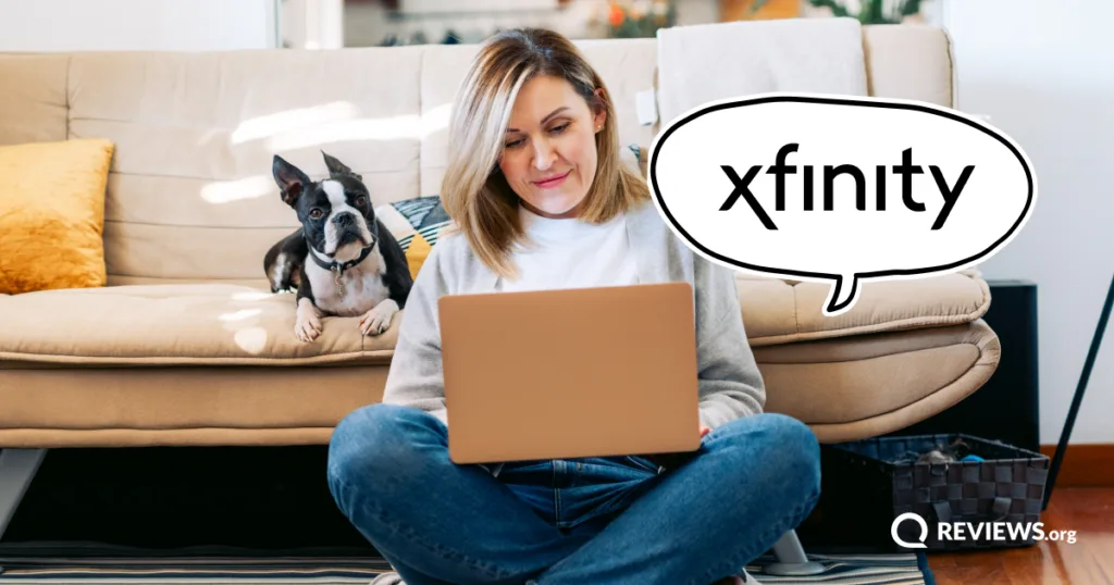 Woman sitting on the floor with her laptop and dog nearby, with a speech bubble showing the Xfinity logo, exploring how Xfinity's internet technology stacks up for everyday use.