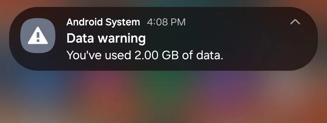 A screenshot of my phone when I received a Data warning, telling me that I have used 2.00 GB of data.