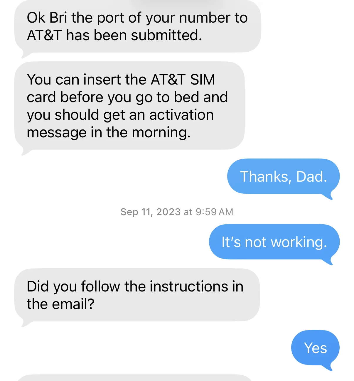 A text conversation about trouble switching providers between the reviewer and her father