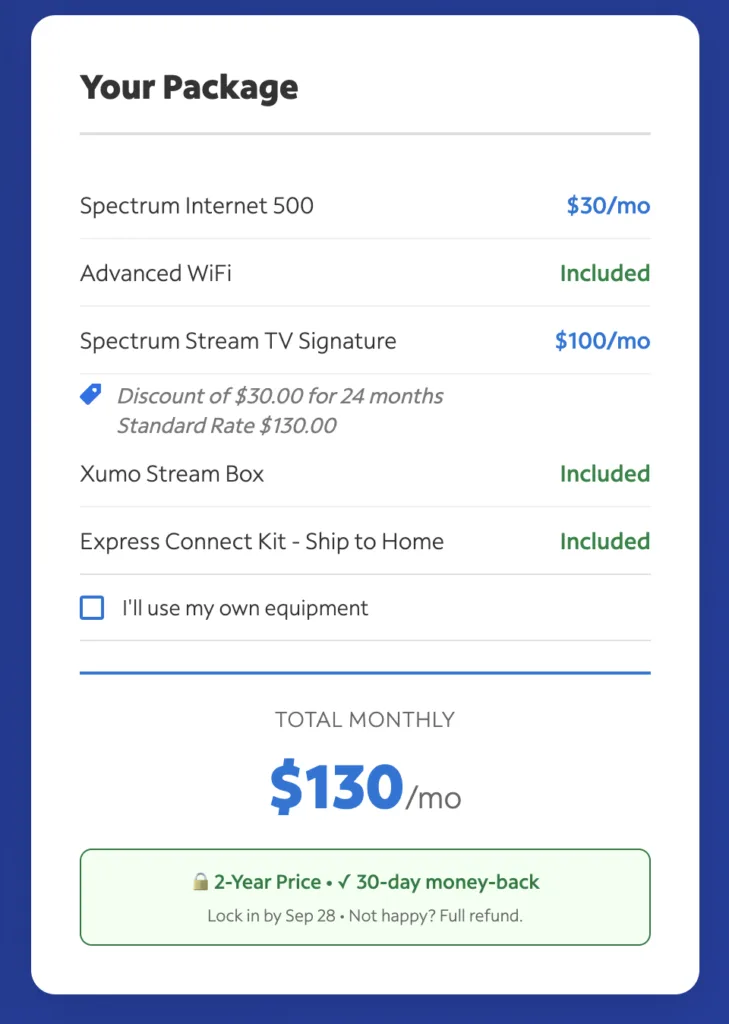 Screenshot of cart for Spectrum Internet 500 and Spectrum Stream TV Signature