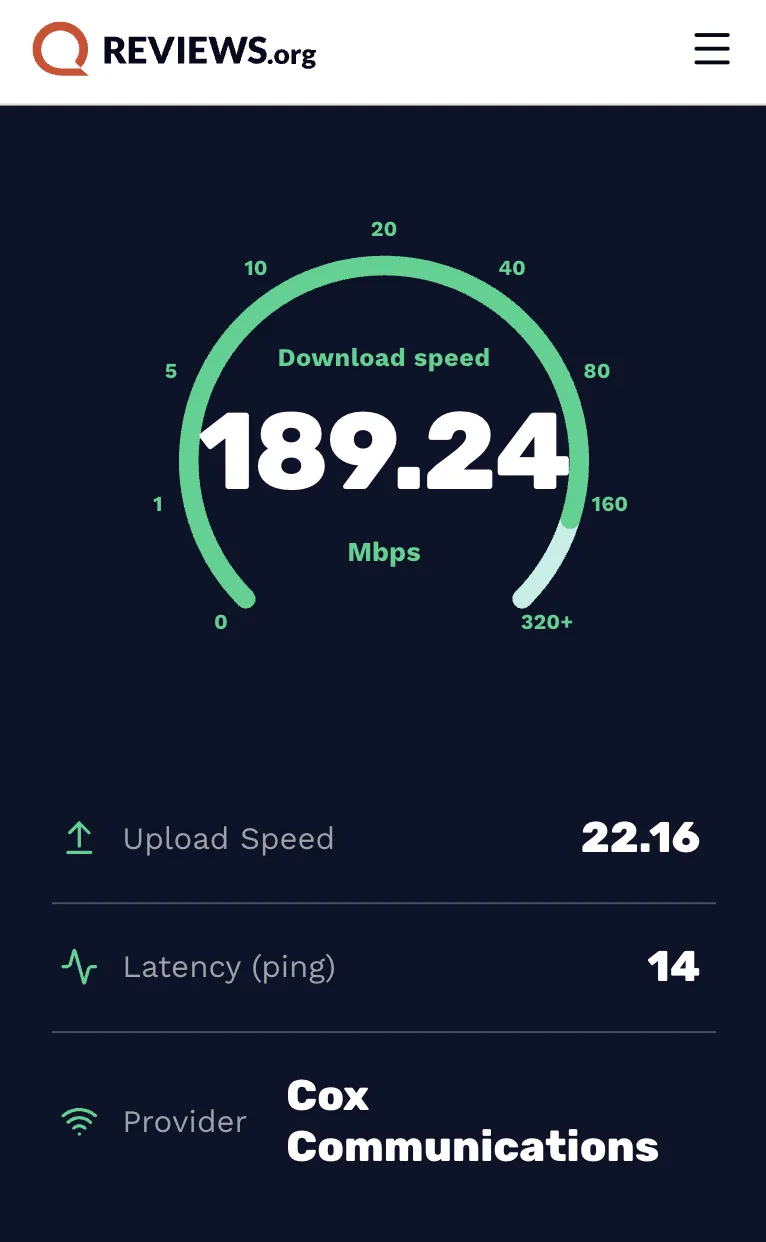 A speed test showing 189.24 Mbps after ensuring that the laptop did not overheat.