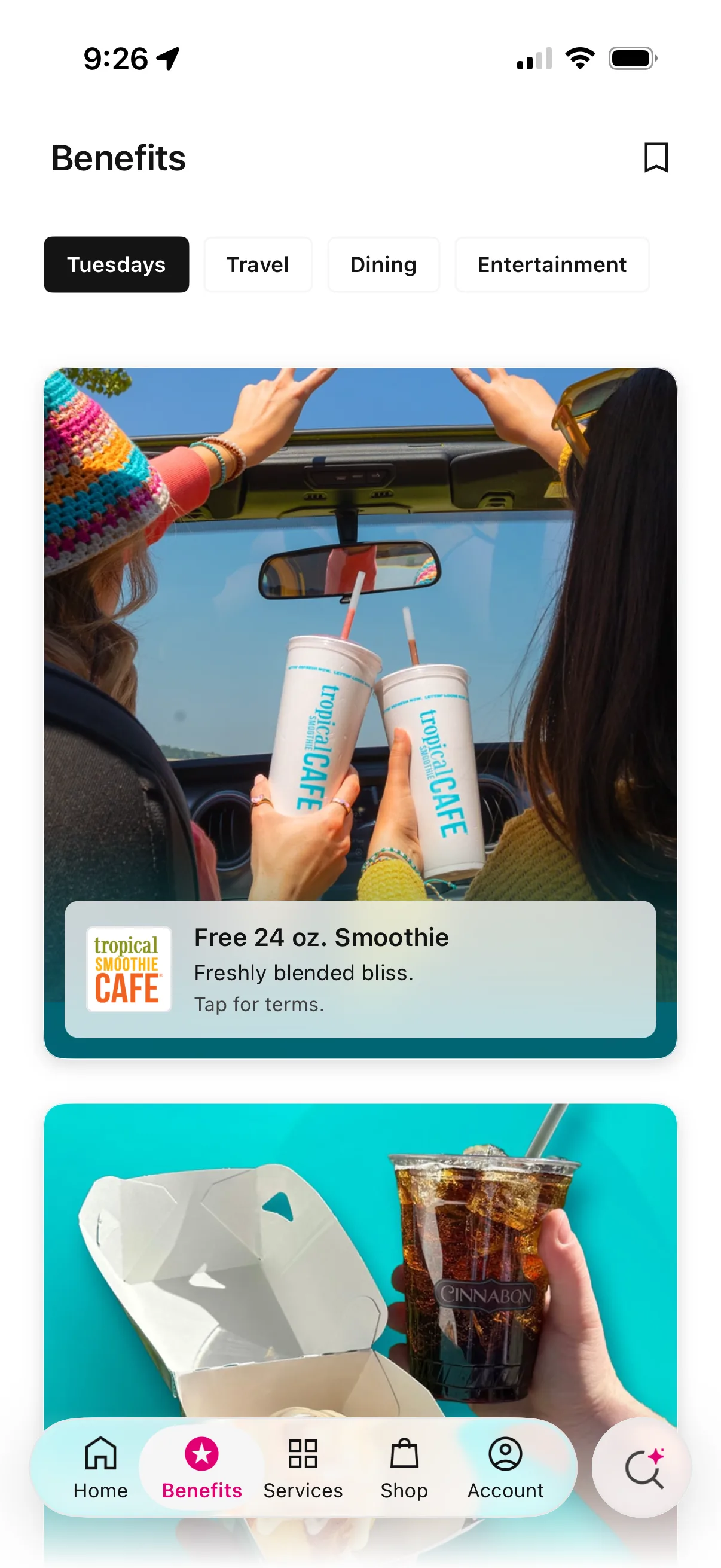 Screenshot of a T-Life app menu showing food deals and discounts on T-Mobile Tuesdays.