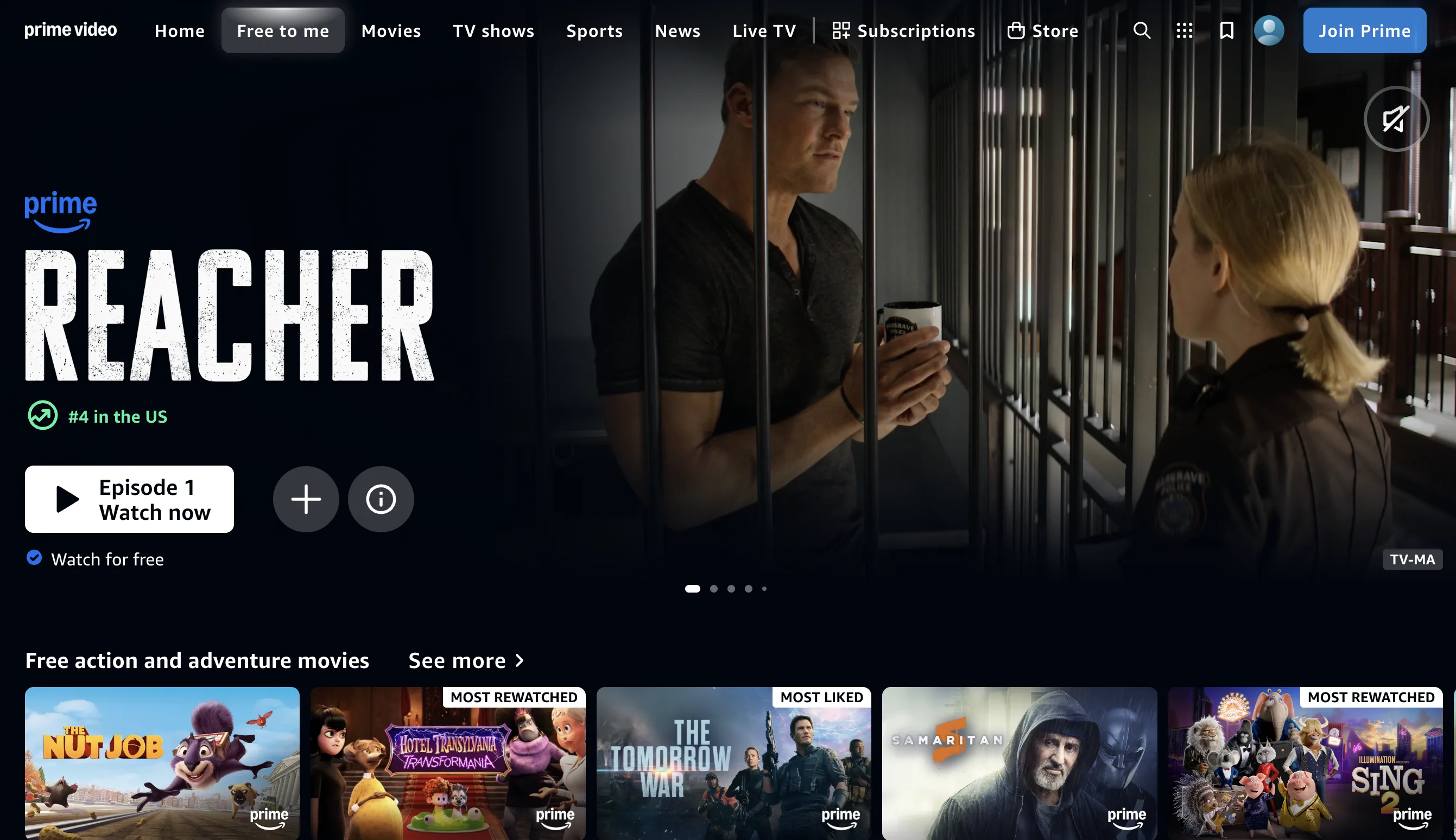 Prime Video’s “Free to me” page showing a featured banner for Reacher marked “Watch for free” and ranked #4 in the US, with a row of free action and adventure movies below, including The Nut Job, Hotel Transylvania: Transformania, The Tomorrow War, Samaritan, and Sing 2.
