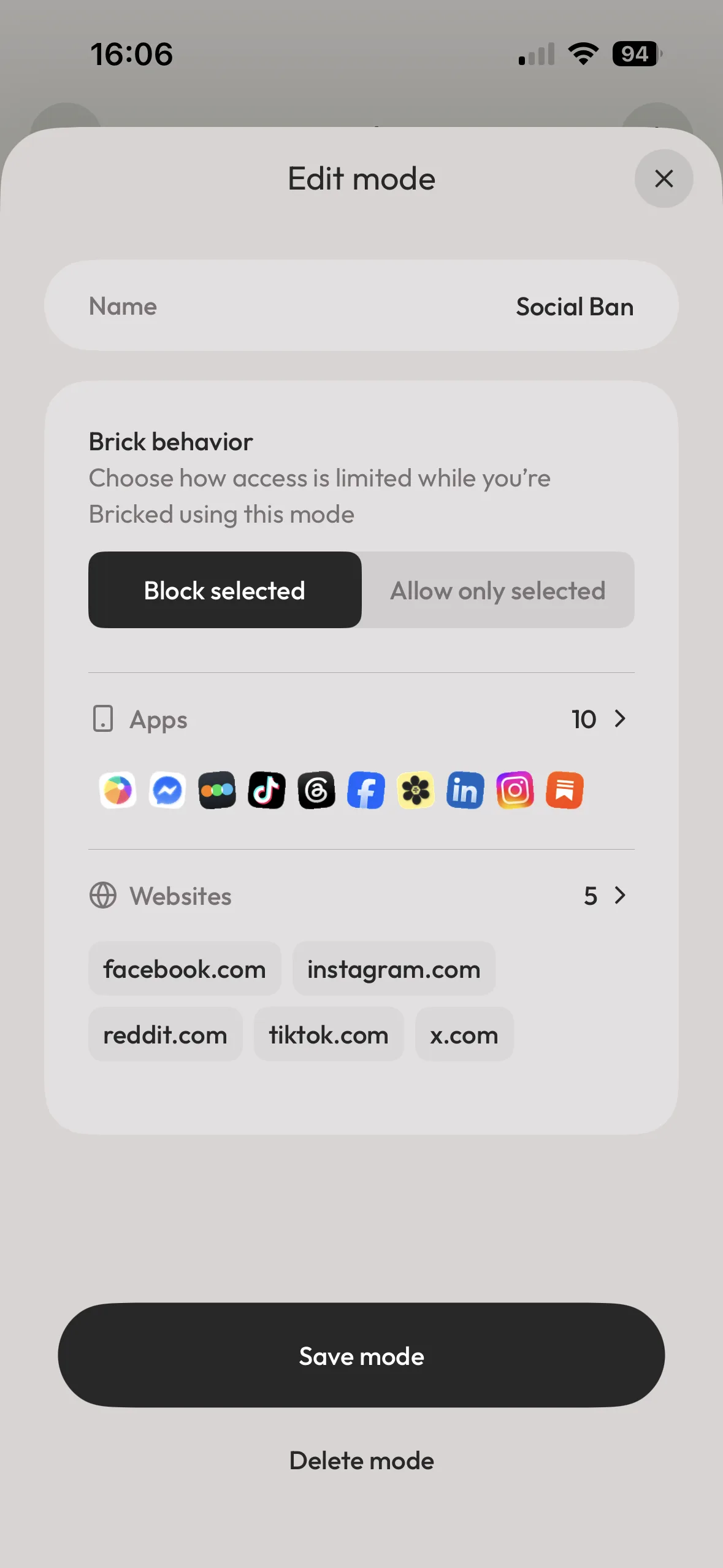 Screenshot of Brick that blocks users from using apps and websites.