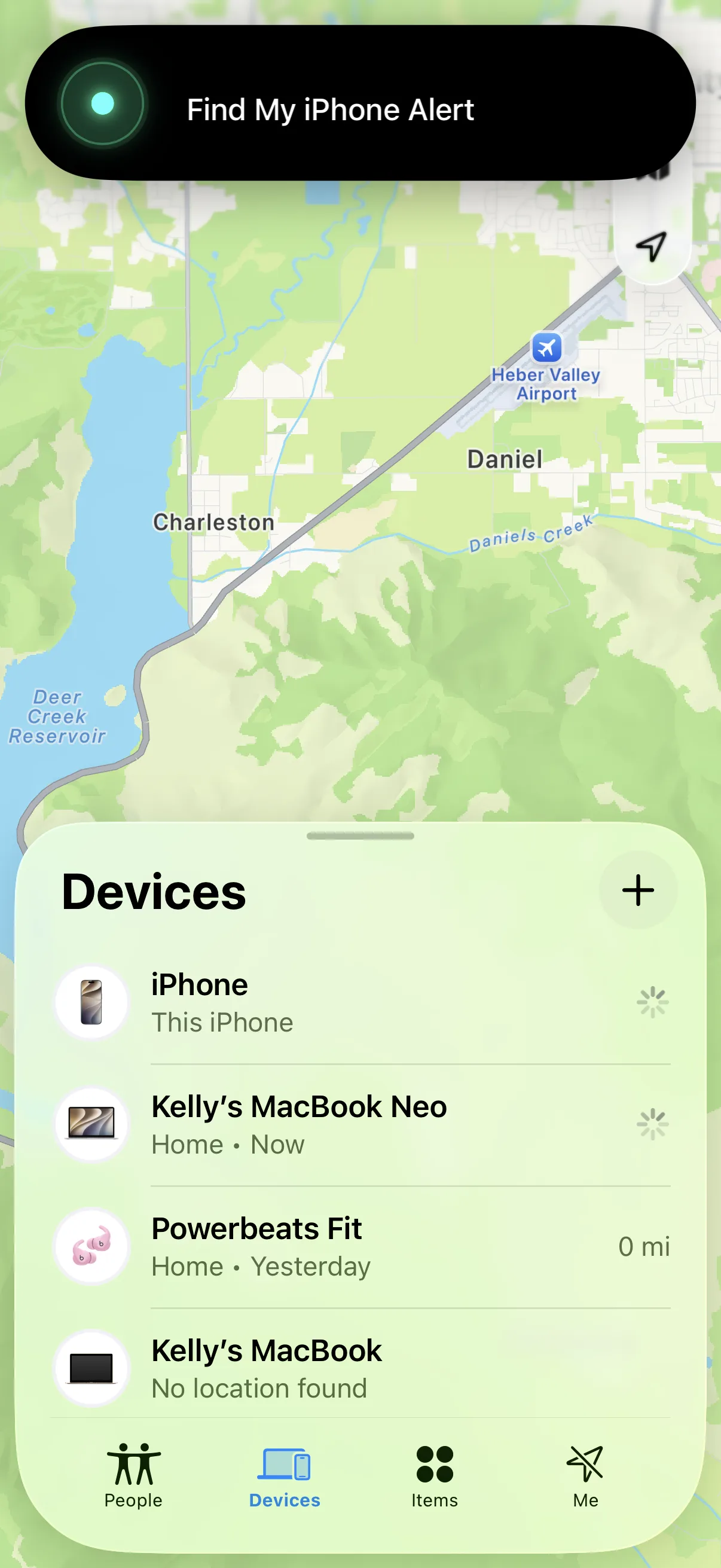 Screenshot of Apple Find My app showing a user’s Apple devices and a notification showing that a sound alert has been turned on.