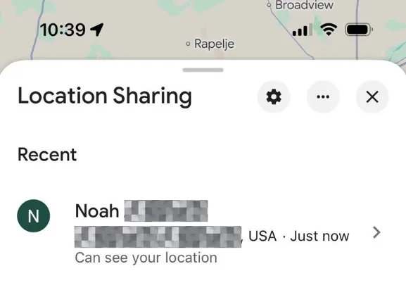 Screenshot of Google Maps location sharing feature with one user, with personal details blurred out.