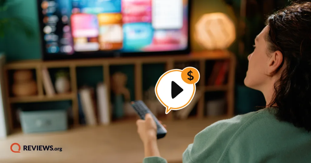 Woman streaming TV with a play icon and dollar sign, illustrating the question of whether to ask friends to split streaming costs.